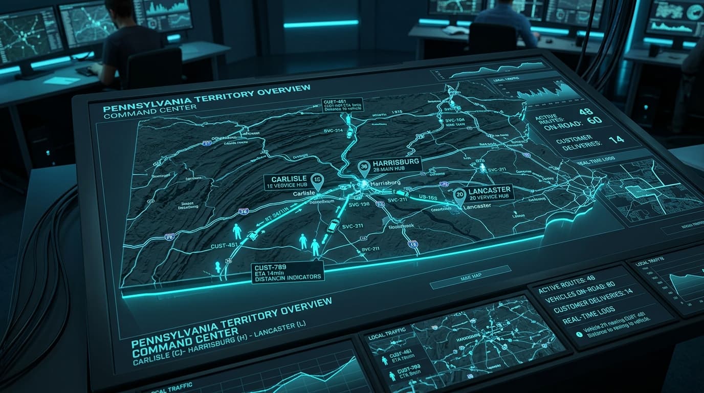 Pennsylvania territory multi-location service command center dashboard for Carlisle Harrisburg and Lancaster